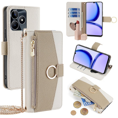 Realme Narzo N53 4G Crossbody Phone Case with Litchi Texture Leather, Adjustable Kickstand, Card Slots, Zipper Purse, Makeup Mirror, and TPU Protection