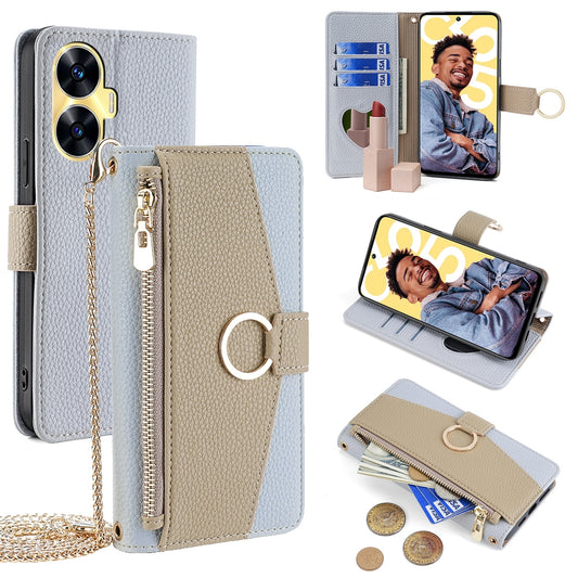 Realme C55 4G Crossbody Phone Case with Litchi Texture Leather, Adjustable Kickstand, Card Slots, Zipper Purse, Makeup Mirror, and TPU Protection
