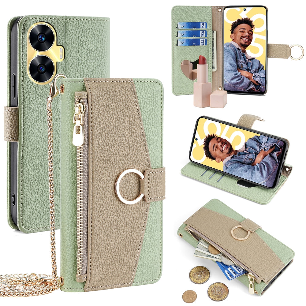 Realme C55 4G Crossbody Phone Case with Litchi Texture Leather, Adjustable Kickstand, Card Slots, Zipper Purse, Makeup Mirror, and TPU Protection