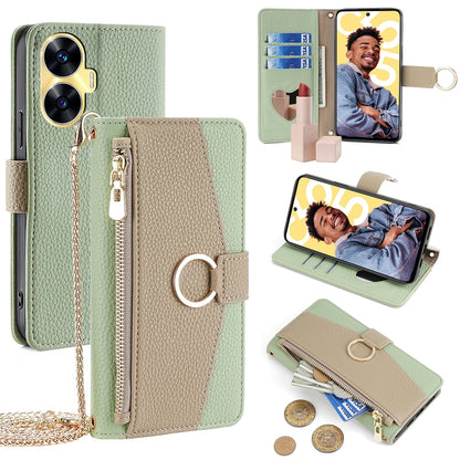 Realme C55 4G Crossbody Phone Case with Litchi Texture Leather, Adjustable Kickstand, Card Slots, Zipper Purse, Makeup Mirror, and TPU Protection