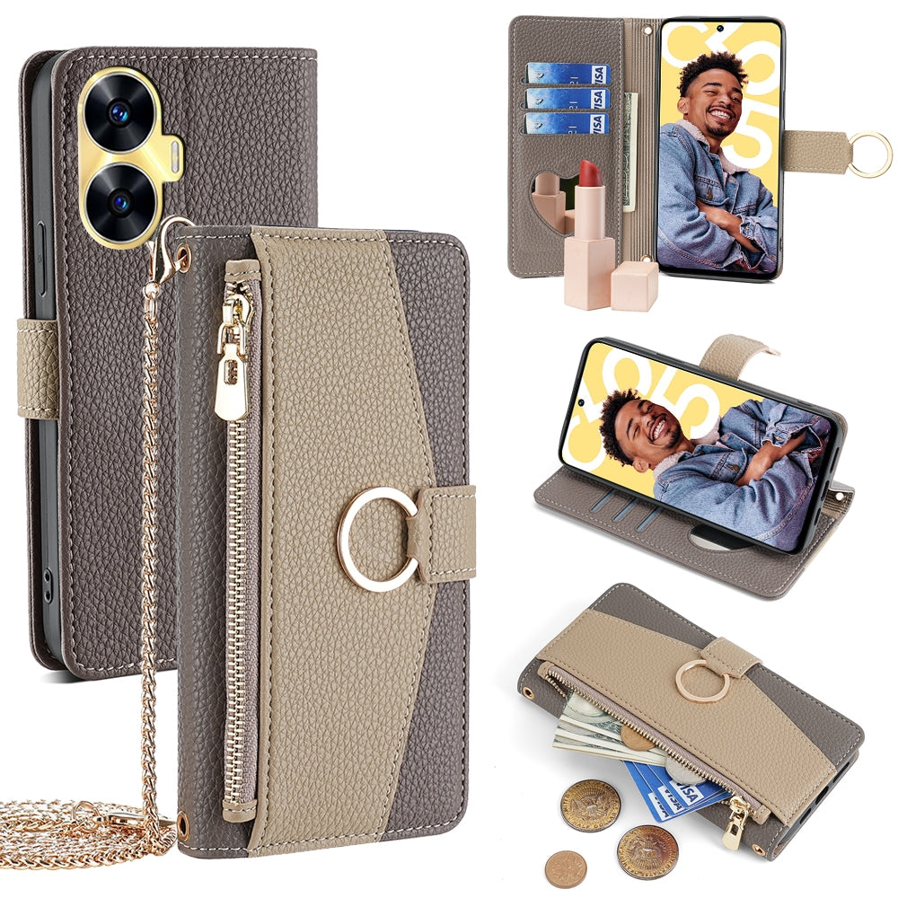 Realme C55 4G Crossbody Phone Case with Litchi Texture Leather, Adjustable Kickstand, Card Slots, Zipper Purse, Makeup Mirror, and TPU Protection