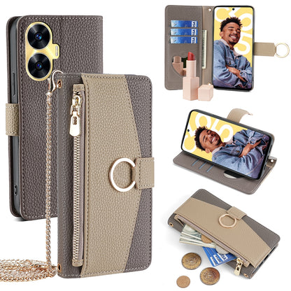 Realme C55 4G Crossbody Phone Case with Litchi Texture Leather, Adjustable Kickstand, Card Slots, Zipper Purse, Makeup Mirror, and TPU Protection