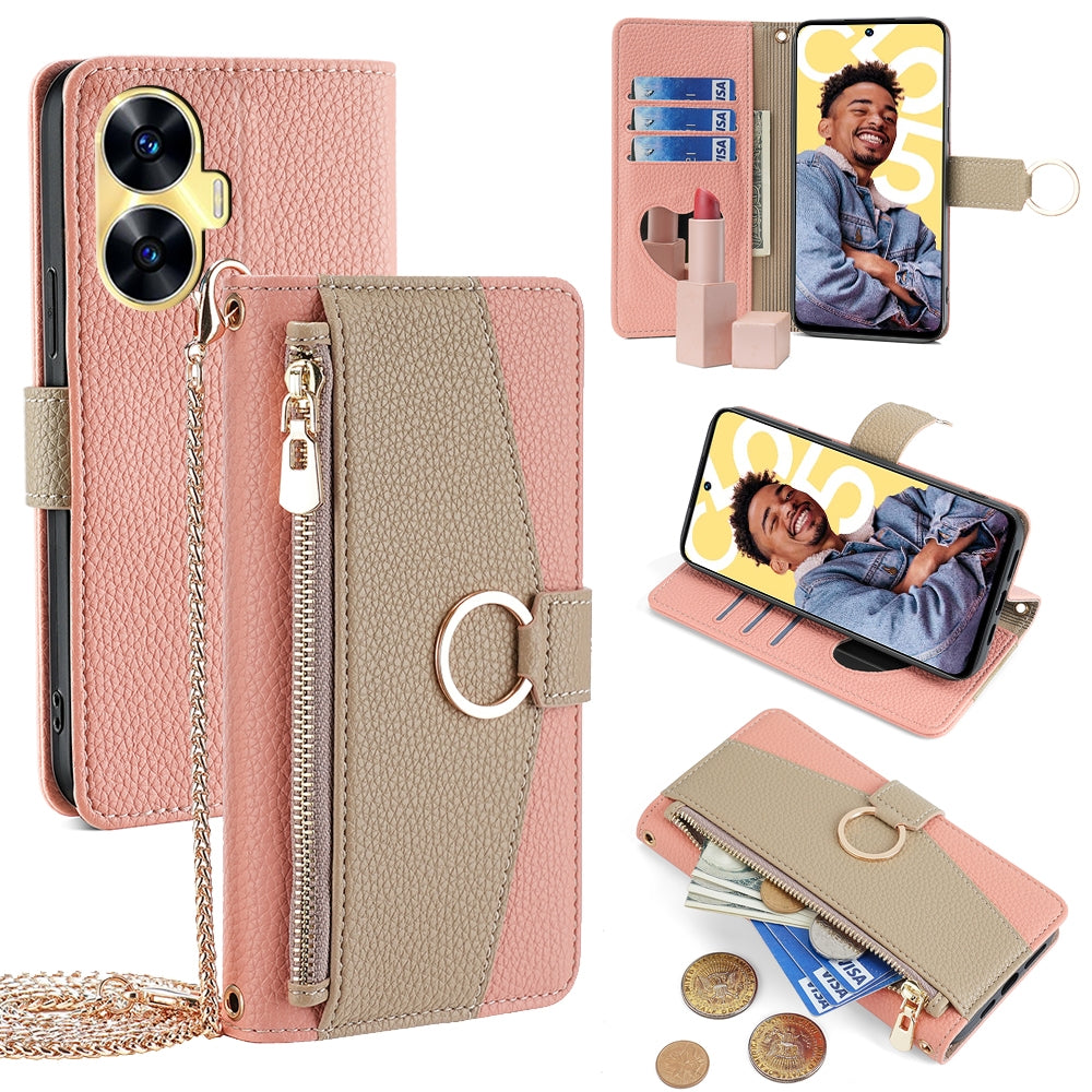 Realme C55 4G Crossbody Phone Case with Litchi Texture Leather, Adjustable Kickstand, Card Slots, Zipper Purse, Makeup Mirror, and TPU Protection