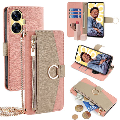 Realme C55 4G Crossbody Phone Case with Litchi Texture Leather, Adjustable Kickstand, Card Slots, Zipper Purse, Makeup Mirror, and TPU Protection