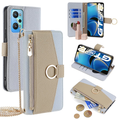 Realme GT Neo2 5G Crossbody Phone Case with Litchi Texture Leather, Adjustable Kickstand, Card Slots, Zipper Purse, Makeup Mirror, and TPU Protection