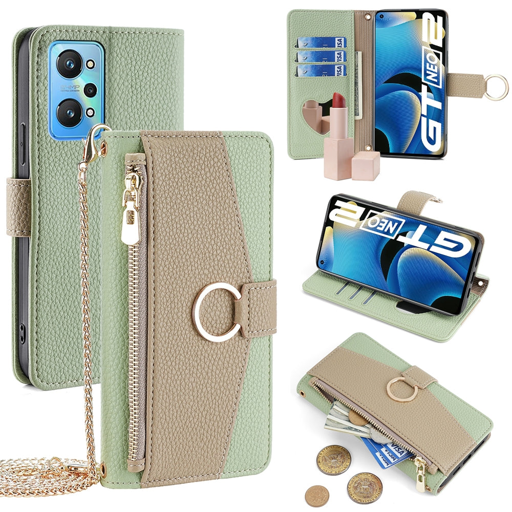 Realme GT Neo2 5G Crossbody Phone Case with Litchi Texture Leather, Adjustable Kickstand, Card Slots, Zipper Purse, Makeup Mirror, and TPU Protection