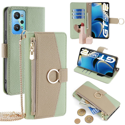 Realme GT Neo2 5G Crossbody Phone Case with Litchi Texture Leather, Adjustable Kickstand, Card Slots, Zipper Purse, Makeup Mirror, and TPU Protection