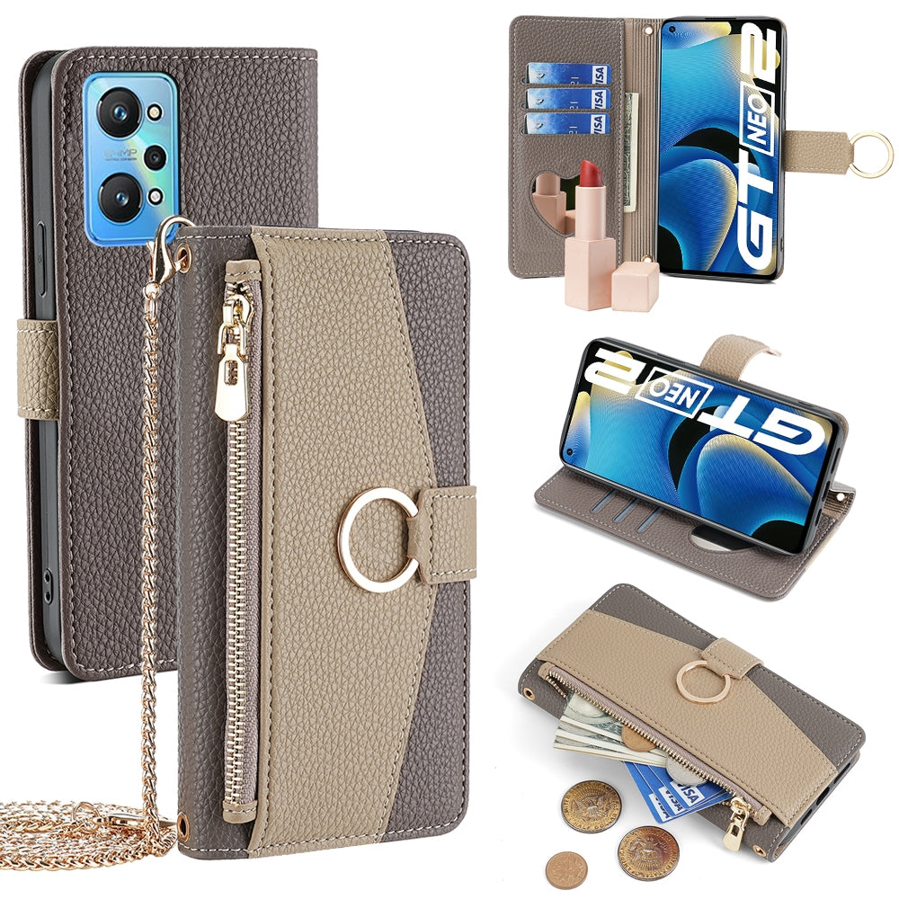 Realme GT Neo2 5G Crossbody Phone Case with Litchi Texture Leather, Adjustable Kickstand, Card Slots, Zipper Purse, Makeup Mirror, and TPU Protection