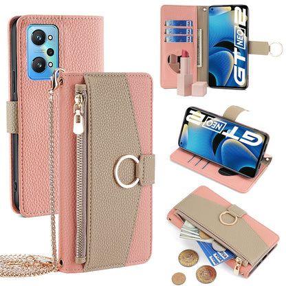 Realme GT Neo2 5G Crossbody Phone Case with Litchi Texture Leather, Adjustable Kickstand, Card Slots, Zipper Purse, Makeup Mirror, and TPU Protection