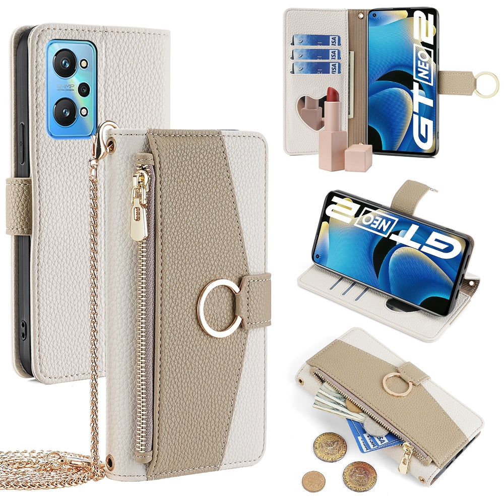 Realme GT Neo2 5G Crossbody Phone Case with Litchi Texture Leather, Adjustable Kickstand, Card Slots, Zipper Purse, Makeup Mirror, and TPU Protection