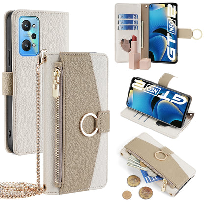 Realme GT Neo2 5G Crossbody Phone Case with Litchi Texture Leather, Adjustable Kickstand, Card Slots, Zipper Purse, Makeup Mirror, and TPU Protection