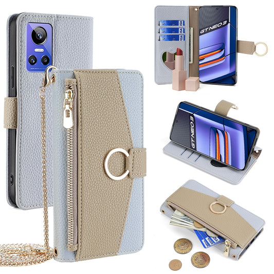Realme GT Neo 3 Crossbody Phone Case with Litchi Texture Leather, Adjustable Kickstand, Card Slots, Zipper Purse, Makeup Mirror, and TPU Protection