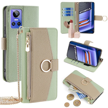 Realme GT Neo 3 Crossbody Phone Case with Litchi Texture Leather, Adjustable Kickstand, Card Slots, Zipper Purse, Makeup Mirror, and TPU Protection