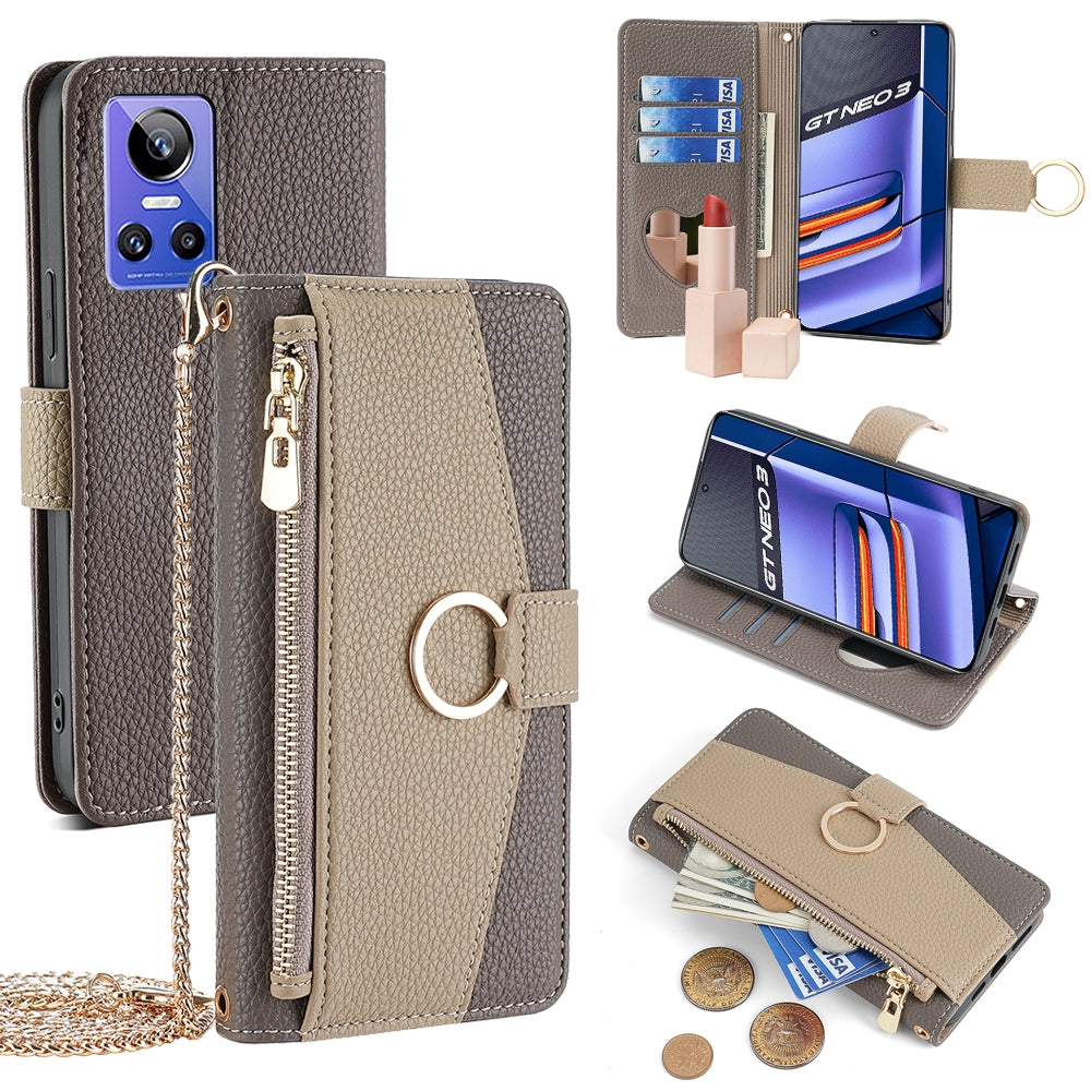 Realme GT Neo 3 Crossbody Phone Case with Litchi Texture Leather, Adjustable Kickstand, Card Slots, Zipper Purse, Makeup Mirror, and TPU Protection