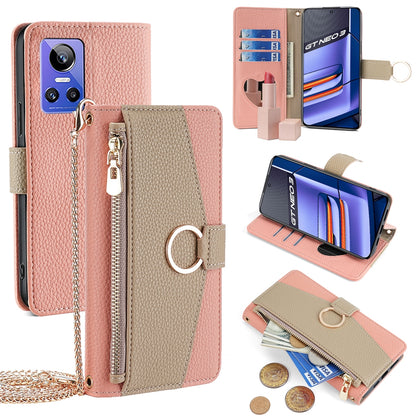 Realme GT Neo 3 Crossbody Phone Case with Litchi Texture Leather, Adjustable Kickstand, Card Slots, Zipper Purse, Makeup Mirror, and TPU Protection