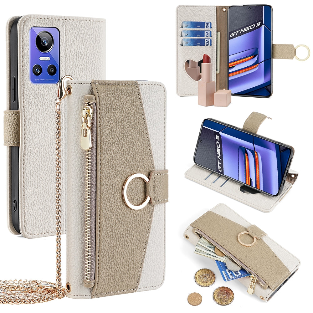 Realme GT Neo 3 Crossbody Phone Case with Litchi Texture Leather, Adjustable Kickstand, Card Slots, Zipper Purse, Makeup Mirror, and TPU Protection