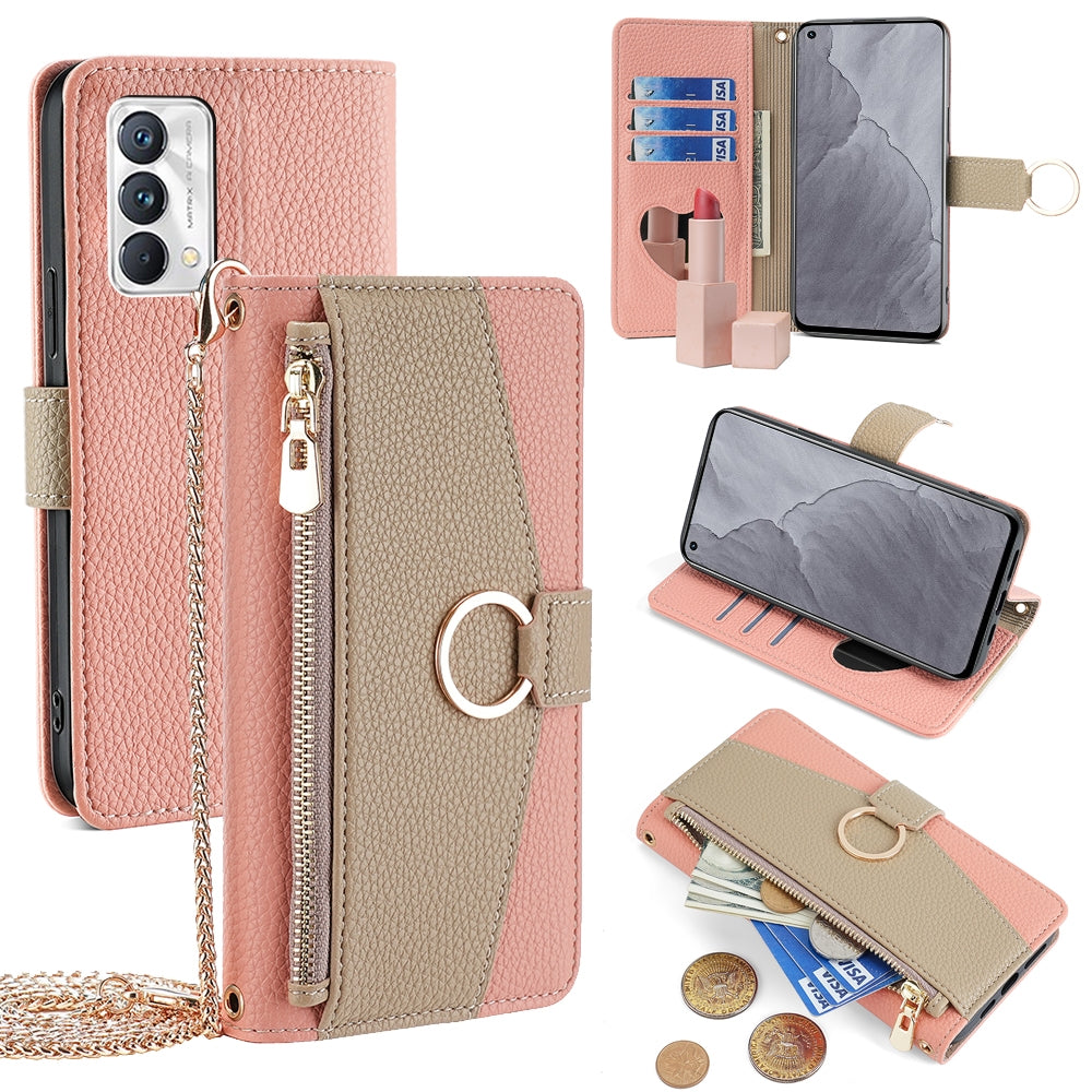 Realme Q3 Pro Carnival Crossbody Phone Case with Litchi Texture Leather, Adjustable Kickstand, Card Slots, Zipper Purse, Makeup Mirror, and TPU Protection