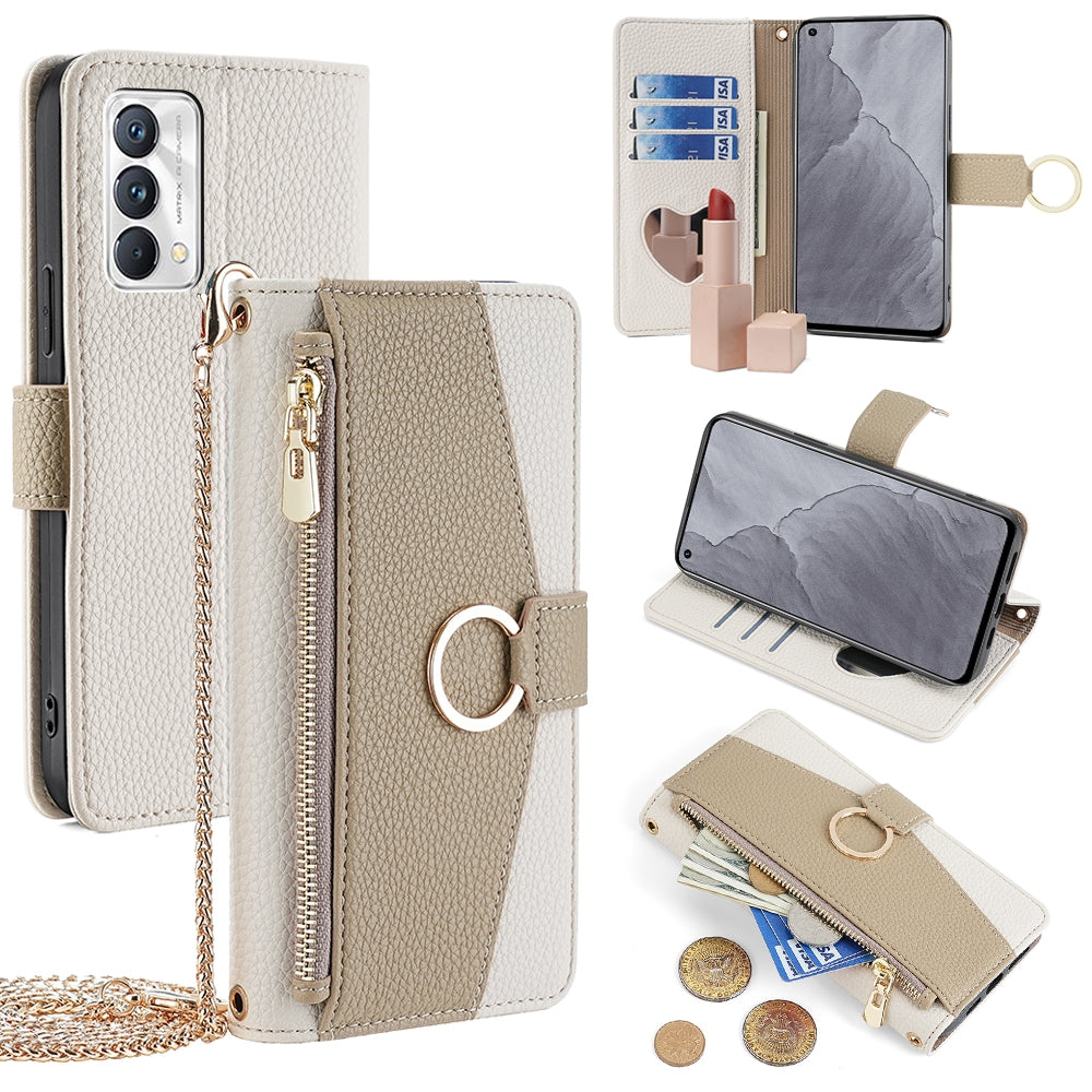 Realme GT Master Crossbody Phone Case with Litchi Texture Leather, Adjustable Kickstand, Card Slots, Zipper Purse, Makeup Mirror, and TPU Protection