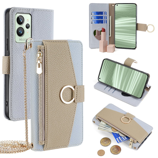 Realme GT2 Pro Crossbody Phone Case with Litchi Texture Leather, Adjustable Kickstand, Card Slots, Zipper Purse, Makeup Mirror, and TPU Protection