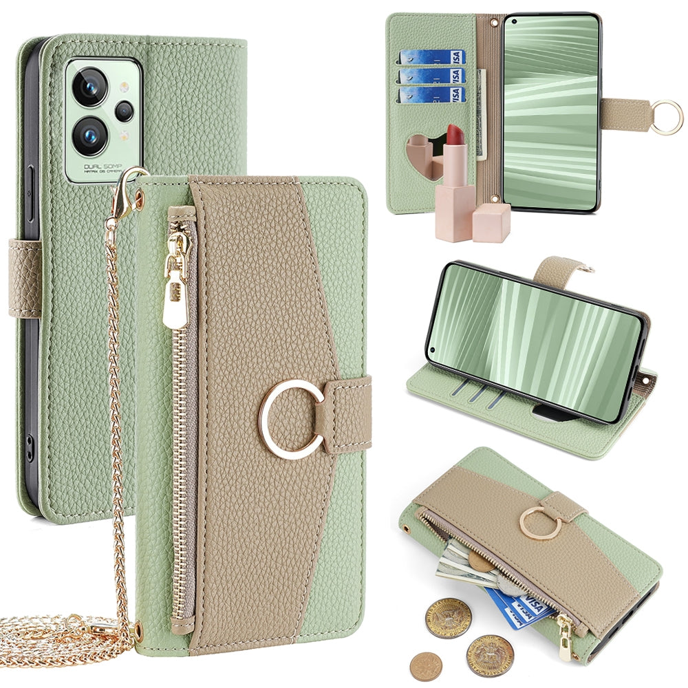 Realme GT2 Pro Crossbody Phone Case with Litchi Texture Leather, Adjustable Kickstand, Card Slots, Zipper Purse, Makeup Mirror, and TPU Protection