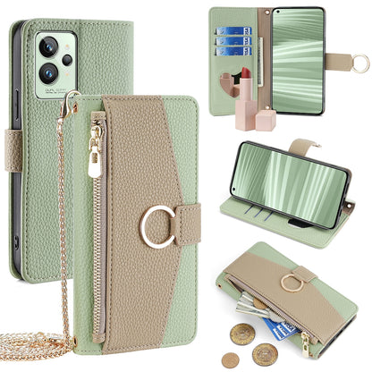 Realme GT2 Pro Crossbody Phone Case with Litchi Texture Leather, Adjustable Kickstand, Card Slots, Zipper Purse, Makeup Mirror, and TPU Protection