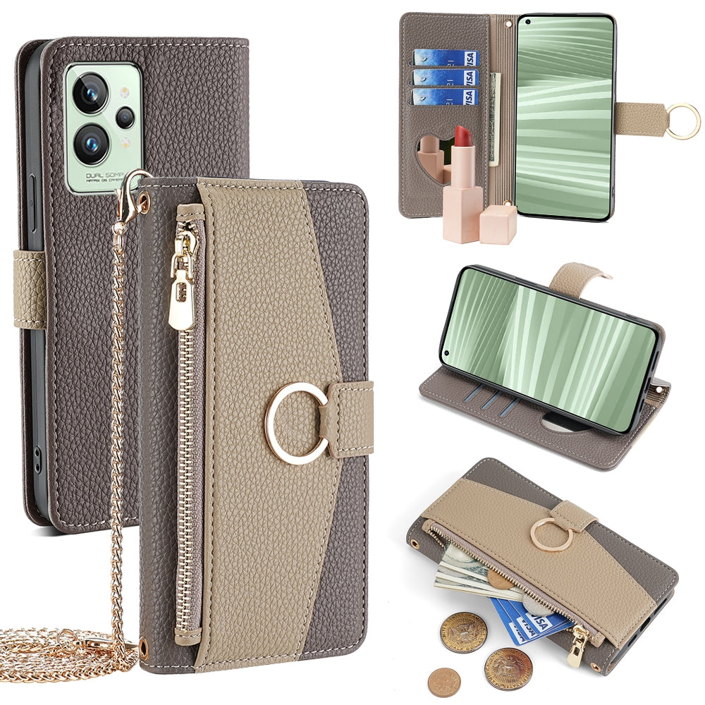 Realme GT2 Pro Crossbody Phone Case with Litchi Texture Leather, Adjustable Kickstand, Card Slots, Zipper Purse, Makeup Mirror, and TPU Protection