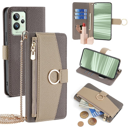 Realme GT2 Pro Crossbody Phone Case with Litchi Texture Leather, Adjustable Kickstand, Card Slots, Zipper Purse, Makeup Mirror, and TPU Protection
