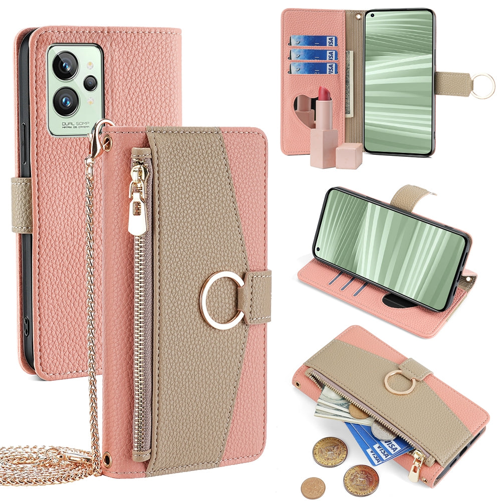 Realme GT2 Pro Crossbody Phone Case with Litchi Texture Leather, Adjustable Kickstand, Card Slots, Zipper Purse, Makeup Mirror, and TPU Protection