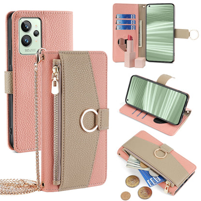 Realme GT2 Pro Crossbody Phone Case with Litchi Texture Leather, Adjustable Kickstand, Card Slots, Zipper Purse, Makeup Mirror, and TPU Protection