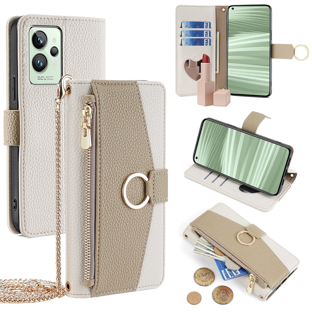 Realme GT2 Pro Crossbody Phone Case with Litchi Texture Leather, Adjustable Kickstand, Card Slots, Zipper Purse, Makeup Mirror, and TPU Protection