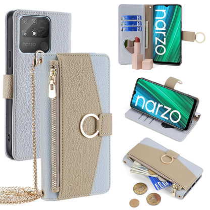 Realme Narzo 50A Crossbody Phone Case with Litchi Texture Leather, Adjustable Kickstand, Card Slots, Zipper Purse, Makeup Mirror, and TPU Protection
