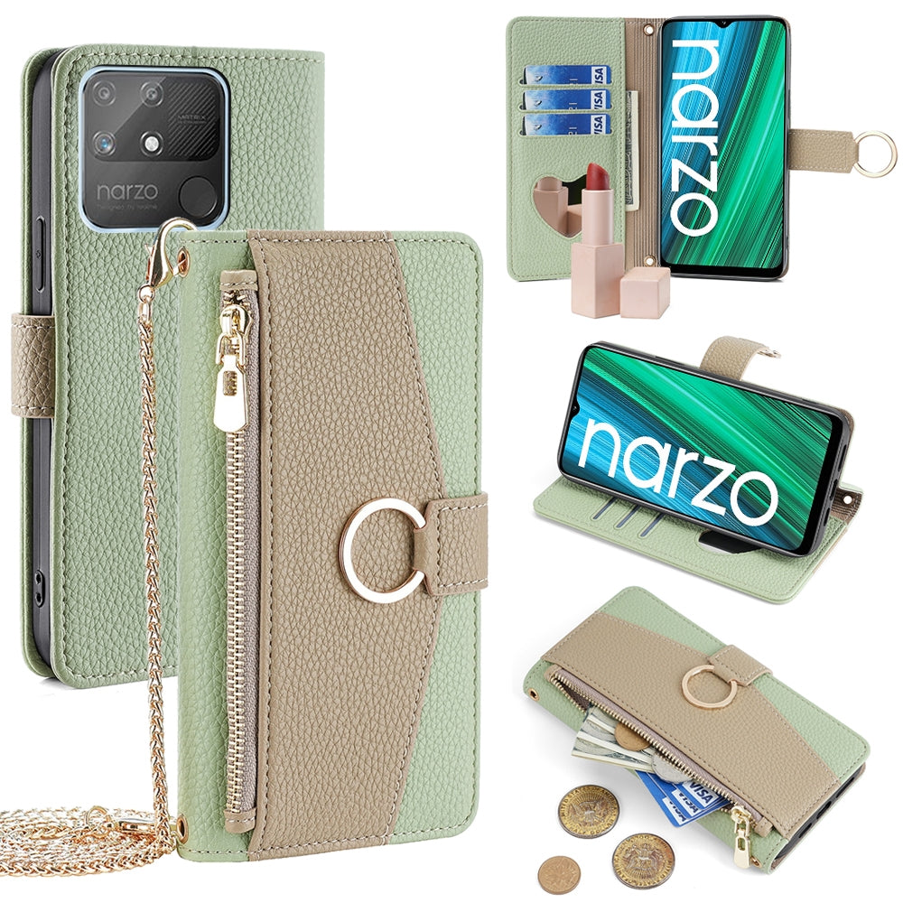 Realme Narzo 50A Crossbody Phone Case with Litchi Texture Leather, Adjustable Kickstand, Card Slots, Zipper Purse, Makeup Mirror, and TPU Protection