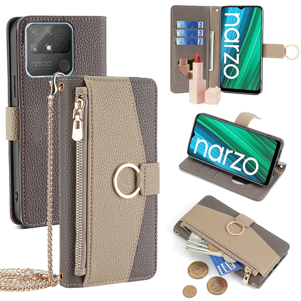 Realme Narzo 50A Crossbody Phone Case with Litchi Texture Leather, Adjustable Kickstand, Card Slots, Zipper Purse, Makeup Mirror, and TPU Protection