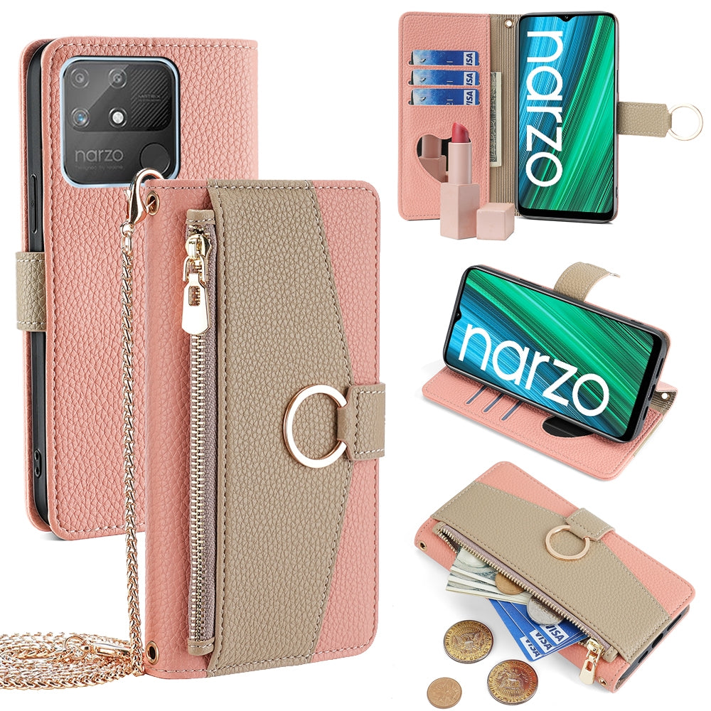 Realme Narzo 50A Crossbody Phone Case with Litchi Texture Leather, Adjustable Kickstand, Card Slots, Zipper Purse, Makeup Mirror, and TPU Protection