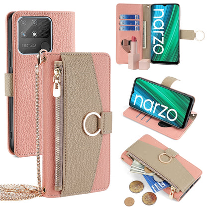 Realme Narzo 50A Crossbody Phone Case with Litchi Texture Leather, Adjustable Kickstand, Card Slots, Zipper Purse, Makeup Mirror, and TPU Protection