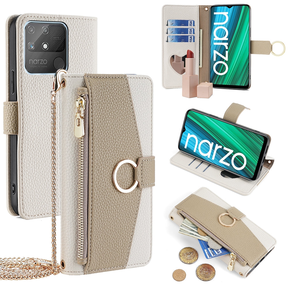 Realme Narzo 50A Crossbody Phone Case with Litchi Texture Leather, Adjustable Kickstand, Card Slots, Zipper Purse, Makeup Mirror, and TPU Protection