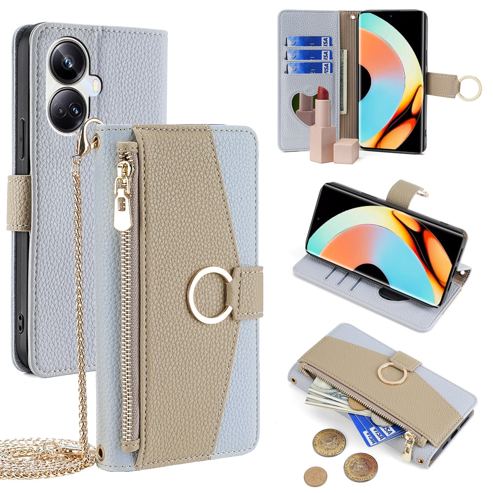 Realme 10 Pro+ 5G Crossbody Phone Case with Litchi Texture Leather, Adjustable Kickstand, Card Slots, Zipper Purse, Makeup Mirror, and TPU Protection