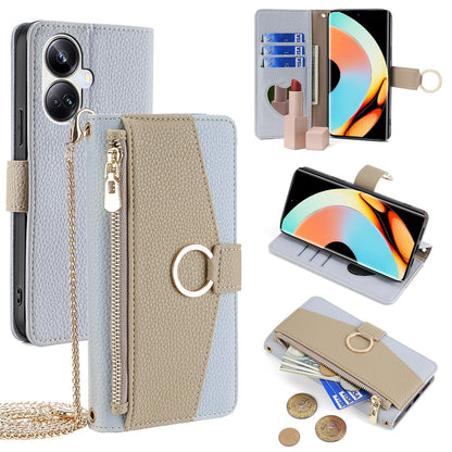 Realme 10 Pro+ 5G Crossbody Phone Case with Litchi Texture Leather, Adjustable Kickstand, Card Slots, Zipper Purse, Makeup Mirror, and TPU Protection