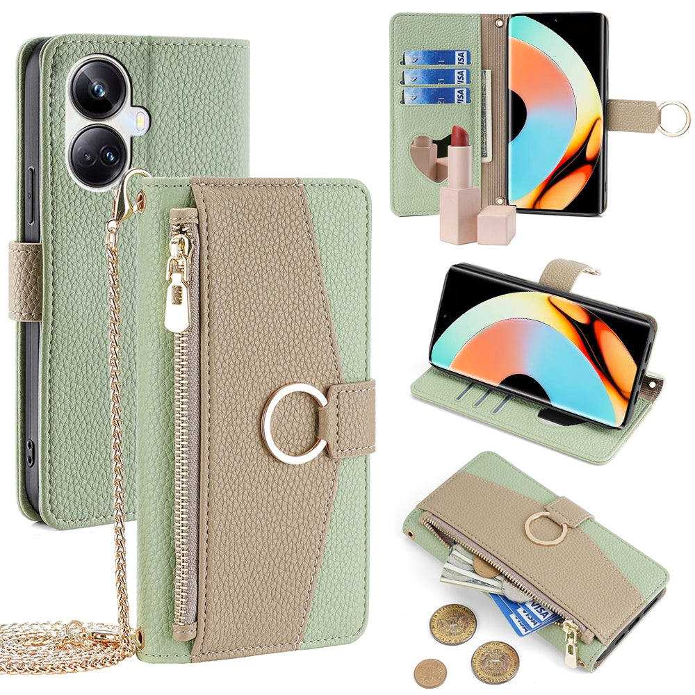 Realme 10 Pro+ 5G Crossbody Phone Case with Litchi Texture Leather, Adjustable Kickstand, Card Slots, Zipper Purse, Makeup Mirror, and TPU Protection