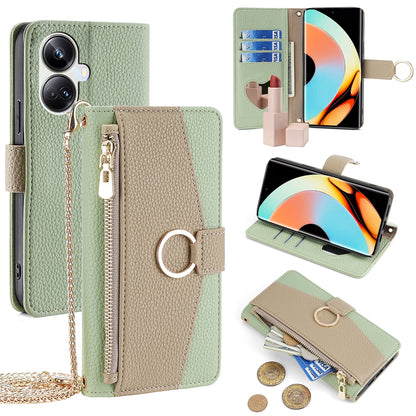 Realme 10 Pro+ 5G Crossbody Phone Case with Litchi Texture Leather, Adjustable Kickstand, Card Slots, Zipper Purse, Makeup Mirror, and TPU Protection