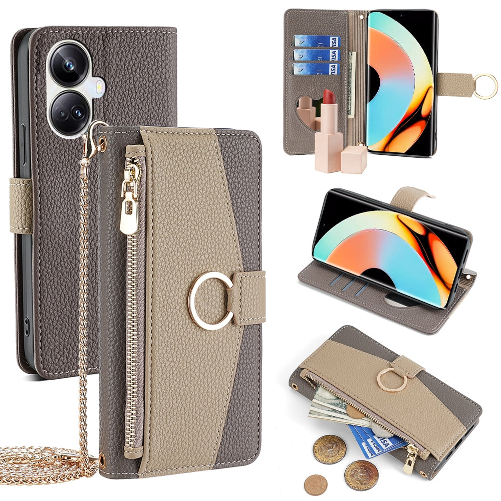 Realme 10 Pro+ 5G Crossbody Phone Case with Litchi Texture Leather, Adjustable Kickstand, Card Slots, Zipper Purse, Makeup Mirror, and TPU Protection