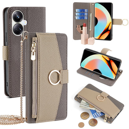 Realme 10 Pro+ 5G Crossbody Phone Case with Litchi Texture Leather, Adjustable Kickstand, Card Slots, Zipper Purse, Makeup Mirror, and TPU Protection