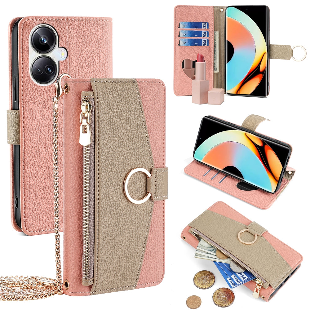 Realme 10 Pro+ 5G Crossbody Phone Case with Litchi Texture Leather, Adjustable Kickstand, Card Slots, Zipper Purse, Makeup Mirror, and TPU Protection