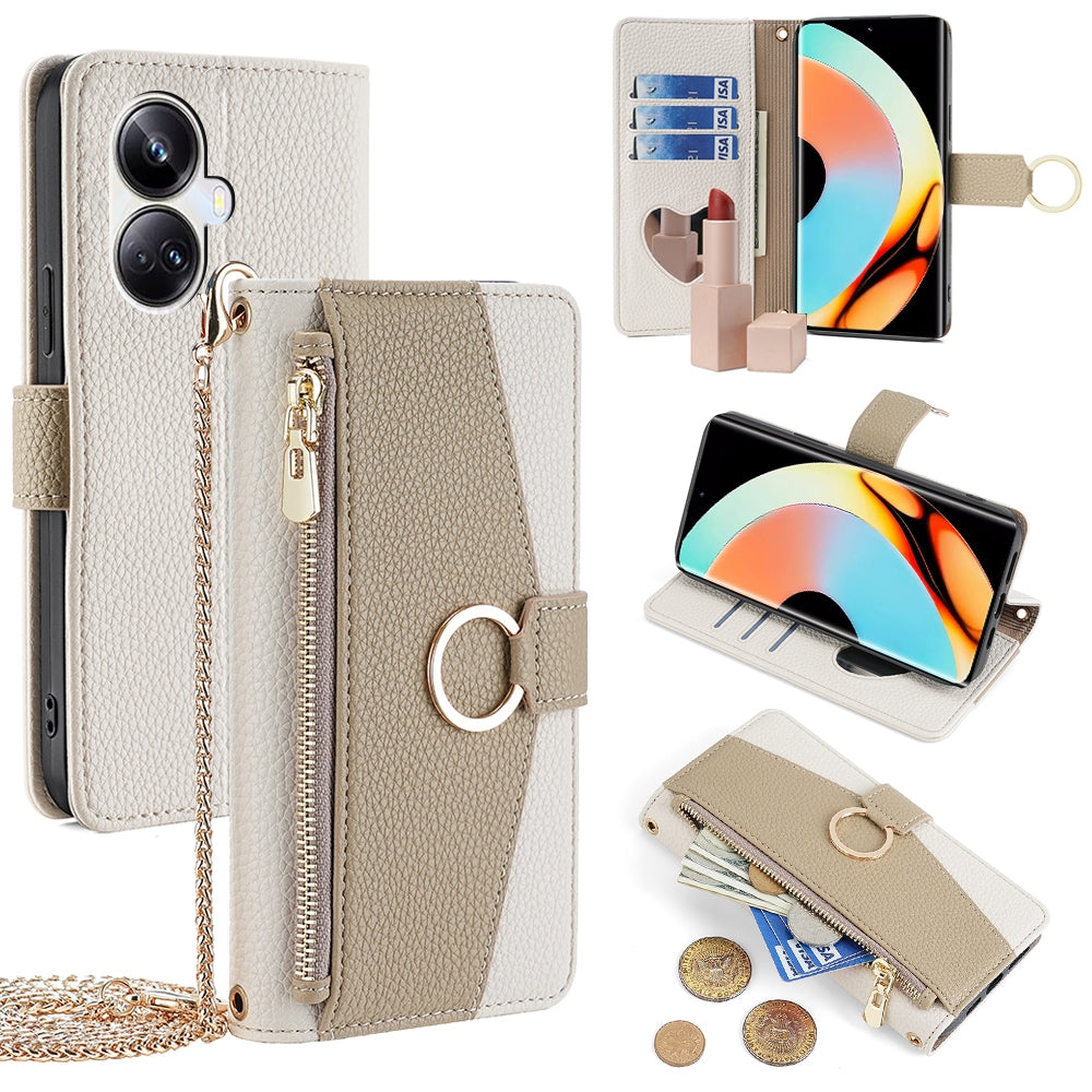 Realme 10 Pro+ 5G Crossbody Phone Case with Litchi Texture Leather, Adjustable Kickstand, Card Slots, Zipper Purse, Makeup Mirror, and TPU Protection
