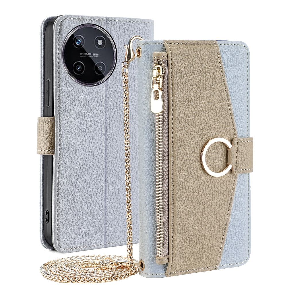 Realme GT5/GT5 240W Crossbody Phone Case with Litchi Texture Leather, Adjustable Kickstand, Card Slots, Zipper Purse, Makeup Mirror, and TPU Protection
