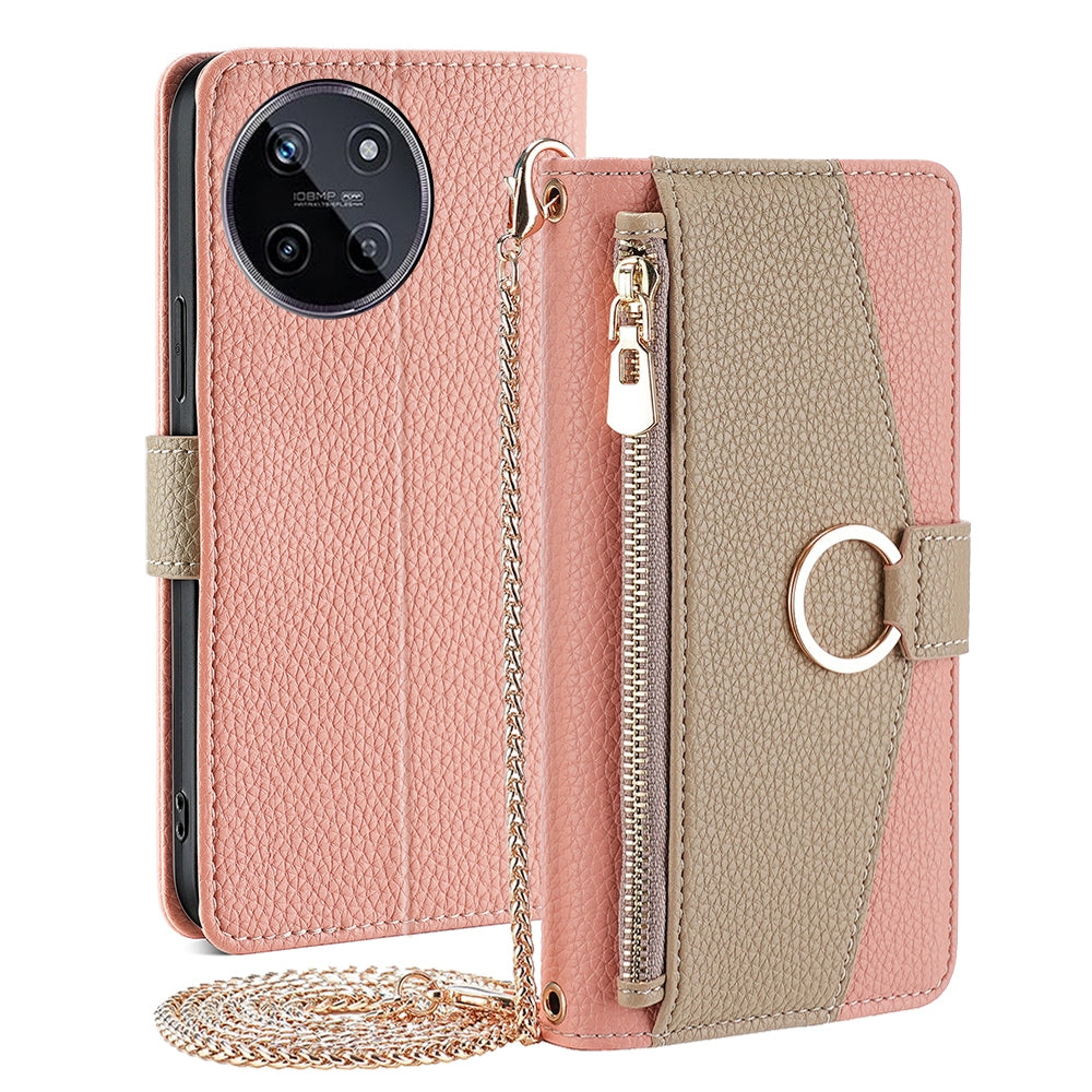 Realme GT5/GT5 240W Crossbody Phone Case with Litchi Texture Leather, Adjustable Kickstand, Card Slots, Zipper Purse, Makeup Mirror, and TPU Protection