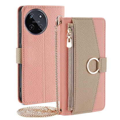 Realme GT5/GT5 240W Crossbody Phone Case with Litchi Texture Leather, Adjustable Kickstand, Card Slots, Zipper Purse, Makeup Mirror, and TPU Protection