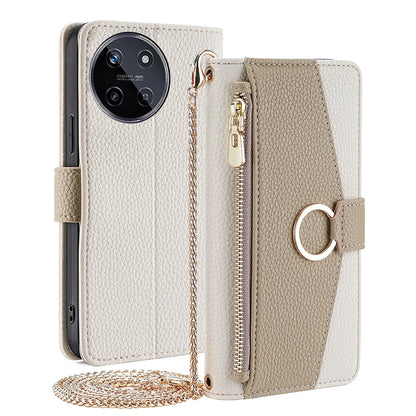 Realme GT5/GT5 240W Crossbody Phone Case with Litchi Texture Leather, Adjustable Kickstand, Card Slots, Zipper Purse, Makeup Mirror, and TPU Protection