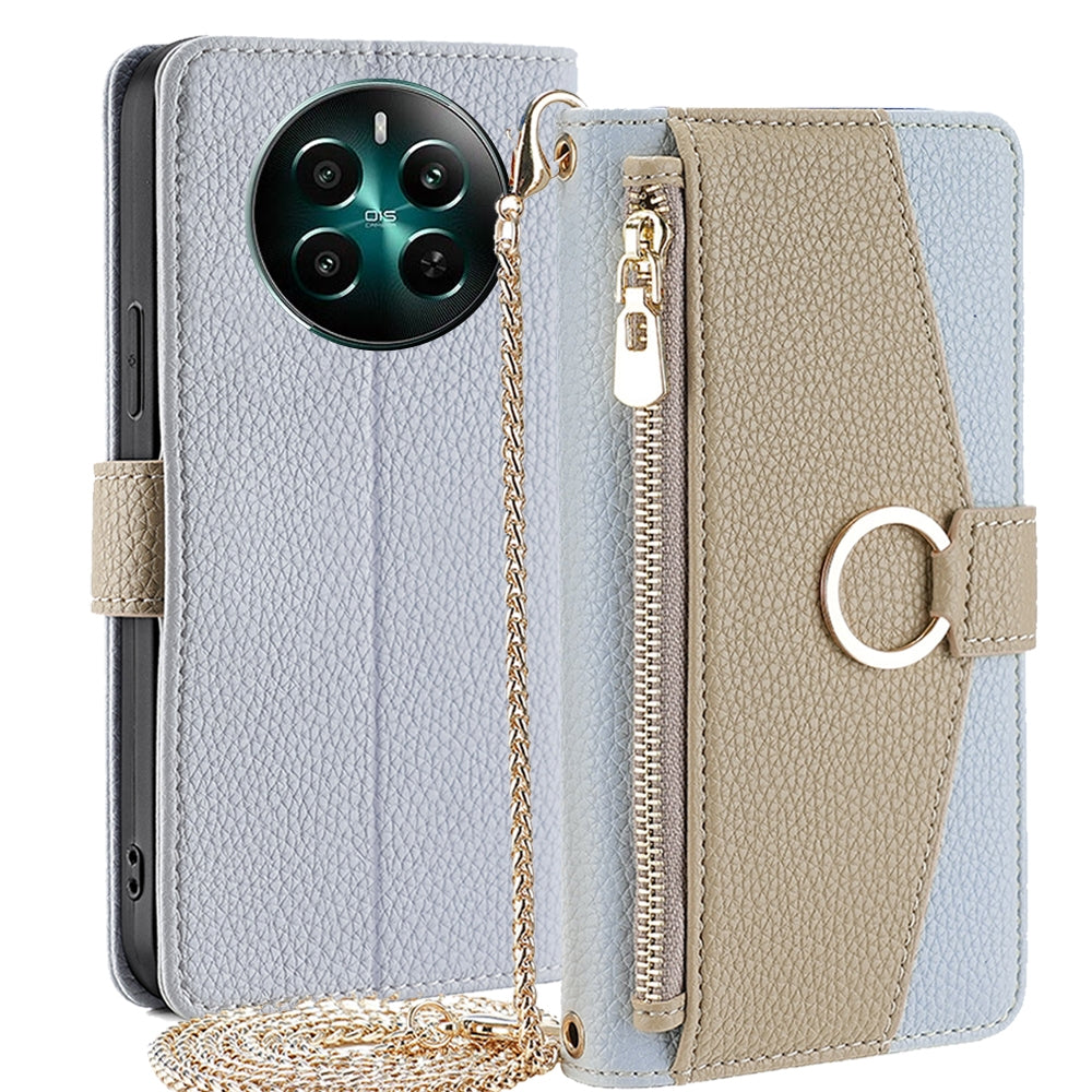 Realme 12+ 5G Crossbody Phone Case with Litchi Texture Leather, Adjustable Kickstand, Card Slots, Zipper Purse, Makeup Mirror, and TPU Protection