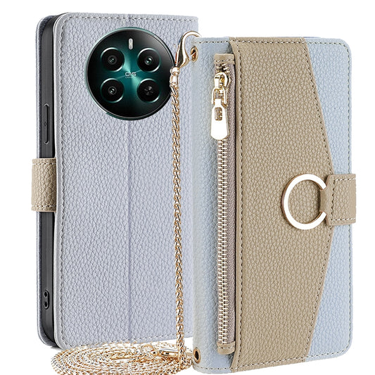 Realme 12+ 5G Crossbody Phone Case with Litchi Texture Leather, Adjustable Kickstand, Card Slots, Zipper Purse, Makeup Mirror, and TPU Protection